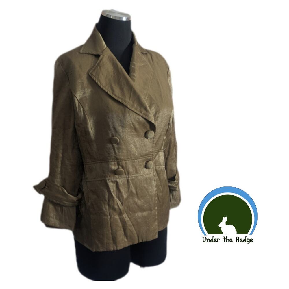 Vtg Emma G Khaki Taffeta Double Breasted Blazer Jacket Size Medium Chic Glam